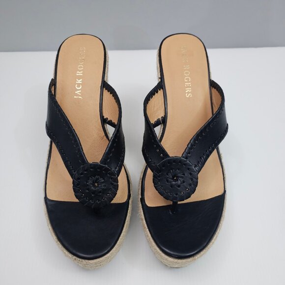 NEW Jack Rogers Rowan Wedge Women 11 Black Leather Thong Jute Sandal Espadrille - Picture 4 of 13
